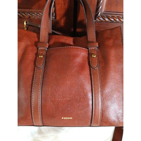 FOSSIL~ KINGSTON Satchel/Crossbody Cognac Leather Bag Logo - Picture 12 of 13